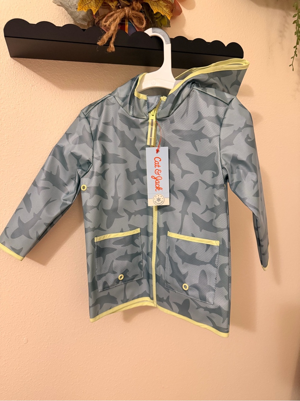 Cat & Jack Kids' Gray Shark Print Hooded Rain Jacket with Yellow Trim